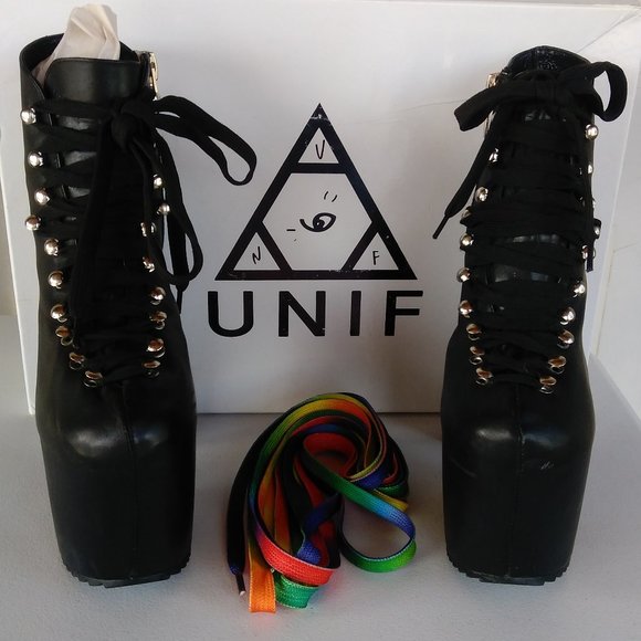 UNIF 7 BLACK LEATHER HELLHOUND PLATFORM BOOTS goth club dance Halloween U.N.I.F. - Picture 3 of 16